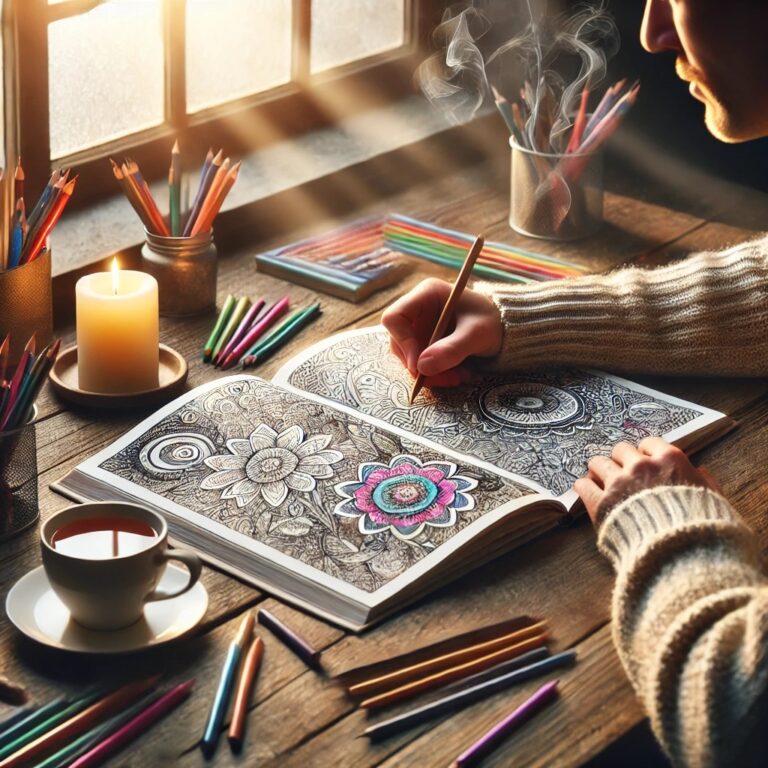 An adult coloring an intricate design in a cozy room, surrounded by vibrant colored pencils, tea, and a lit candle.