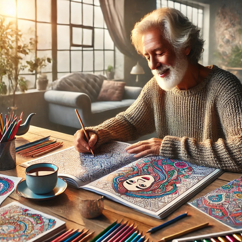 A diverse adult engaged in coloring a detailed design in a cozy room, surrounded by vibrant pencils, tea, and calming decor.