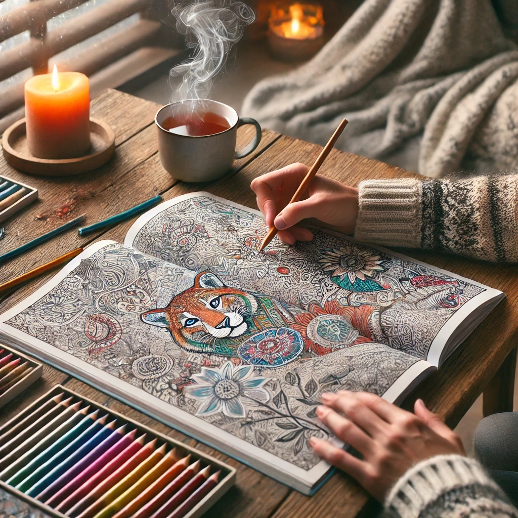 An adult happily coloring an intricate design in a cozy, well-lit room, surrounded by vibrant colored pencils, a cup of tea, and a lit candle.