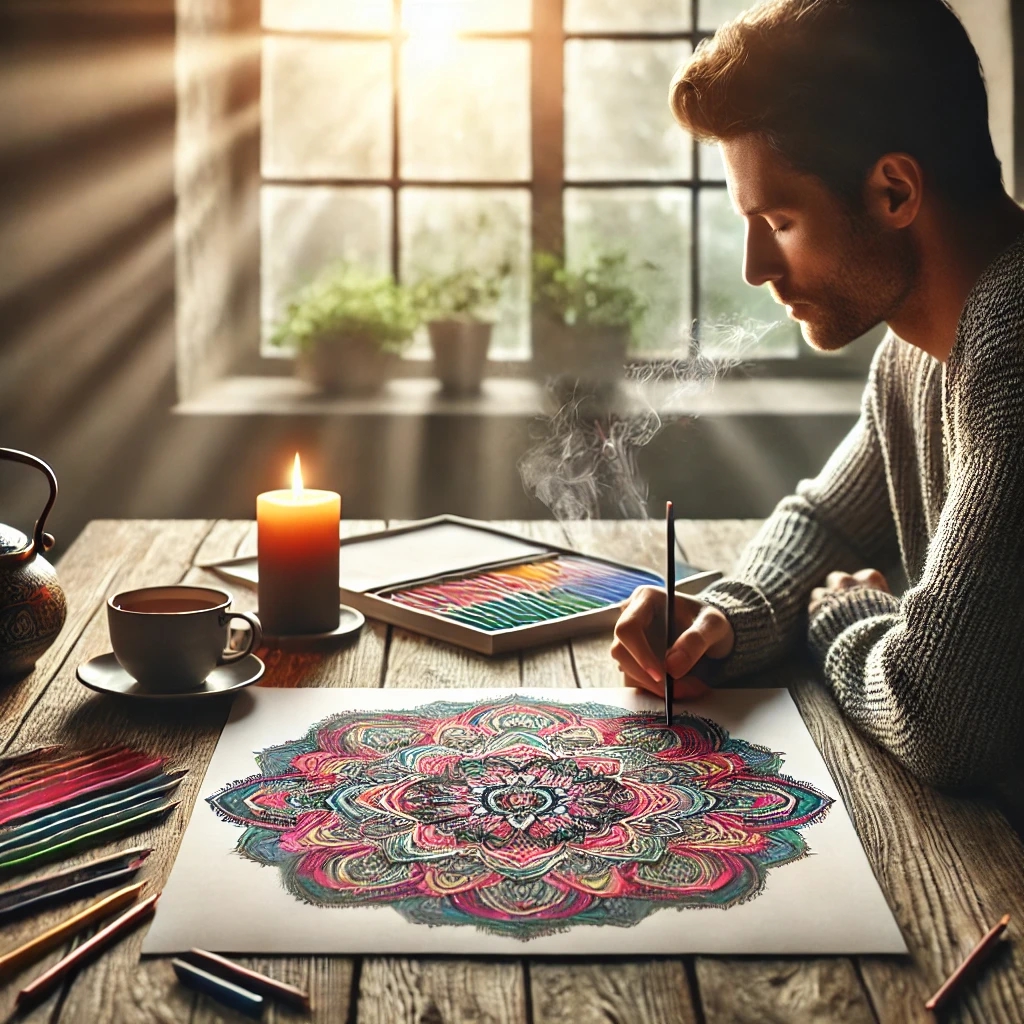 An adult peacefully coloring an intricate mandala at a wooden table, surrounded by colored pencils, a cup of tea, and a lit candle, symbolizing relaxation and anxiety relief.