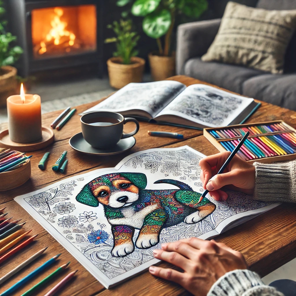 An adult peacefully coloring a detailed puppy illustration in a cozy room, surrounded by colored pencils, a steaming cup of tea, a lit candle, and indoor plants, symbolizing relaxation and mindfulness.