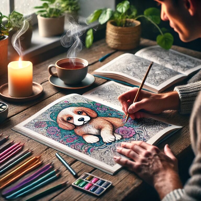 An adult peacefully coloring a detailed puppy illustration in a cozy room, surrounded by colored pencils, a steaming cup of tea, a lit candle, and indoor plants, symbolizing relaxation and mindfulness.