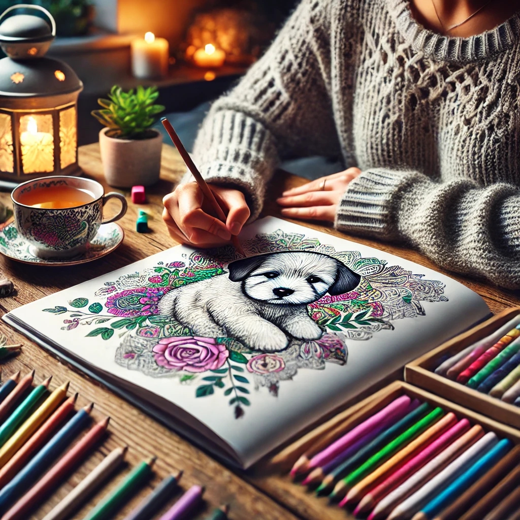An adult peacefully coloring an intricate puppy illustration in a cozy room, surrounded by colored pencils, a steaming cup of tea, a lit candle, and indoor plants, symbolizing relaxation and mindfulness.
