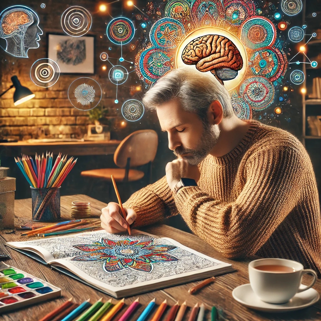 An adult immersed in coloring an intricate design at a wooden table, surrounded by colored pencils, a cup of tea, and a warm-lit atmosphere, symbolizing the cognitive and emotional benefits of coloring.
