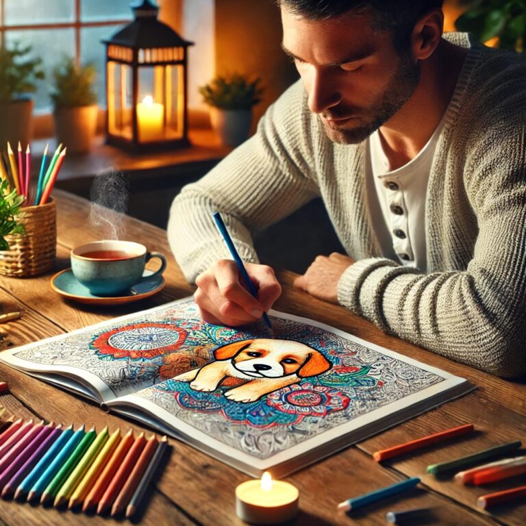 An adult peacefully coloring an intricate puppy illustration in a cozy, warmly lit room, surrounded by colored pencils, a steaming cup of tea, a lit candle, and indoor plants, symbolizing relaxation and mindfulness.