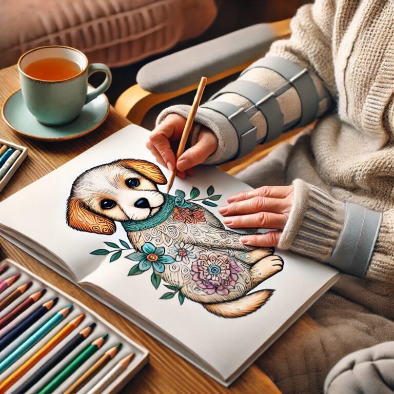 An adult with fibromyalgia or arthritis engaged in a soothing coloring session, filling in a detailed puppy illustration with soft-grip colored pencils in a cozy, well-lit space. A warm cup of tea, a heating pad, and ergonomic tools nearby highlight the relaxation and pain-relief benefits of coloring.