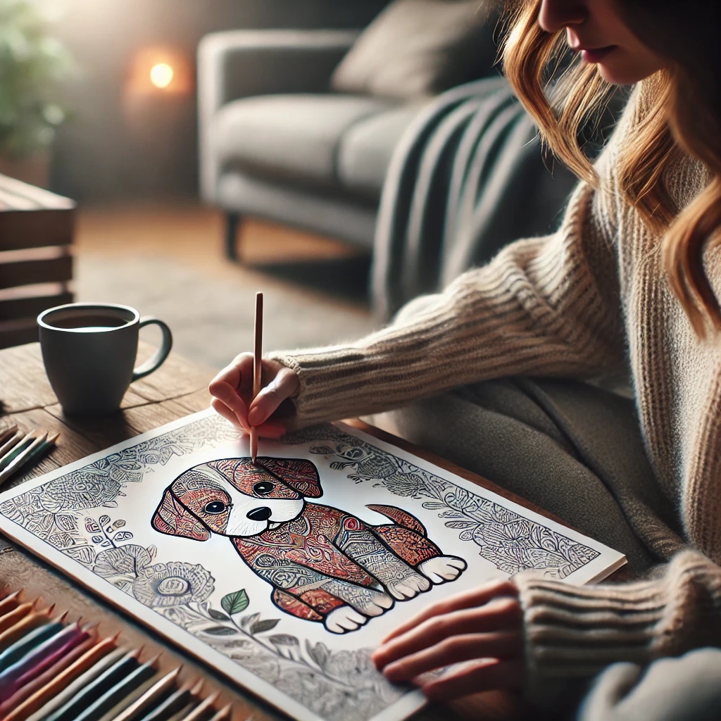An adult peacefully coloring a detailed puppy illustration in a cozy, well-lit space, using soft-grip colored pencils. A warm cup of tea and a tranquil atmosphere highlight the mindfulness and relaxation benefits of coloring.