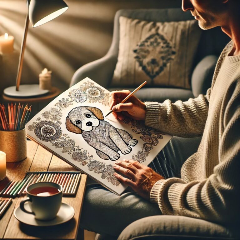 An adult peacefully coloring a detailed puppy illustration in a cozy, well-lit space. Soft-grip colored pencils, a warm cup of tea, and a tranquil setting emphasize mindfulness, relaxation, and stress relief.