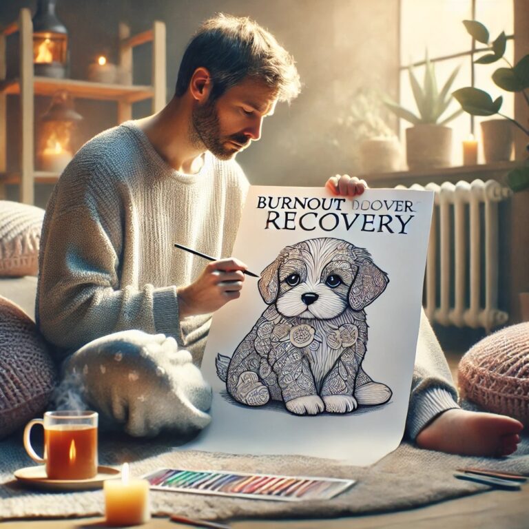 An adult in burnout recovery sits in a cozy, softly lit space, mindfully coloring a whimsical puppy illustration. Surrounded by pillows and a warm cup of tea, the setting highlights stress relief, emotional healing, and gentle self-care.