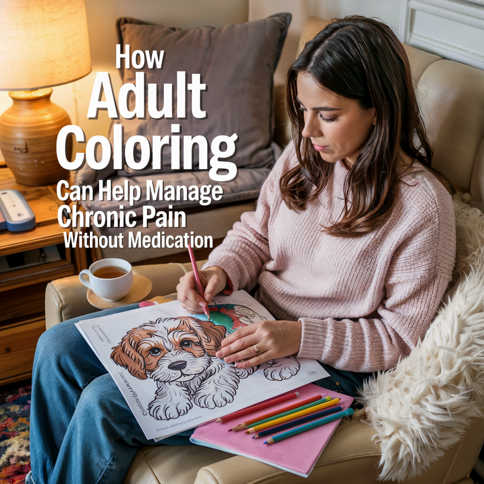 An adult woman sits comfortably in a cozy armchair, coloring a detailed puppy illustration in a coloring book. Colored pencils, a cup of tea, and a warm, inviting atmosphere surround her. The image features the text “How Adult Coloring Can Help Manage Chronic Pain Without Medication.”