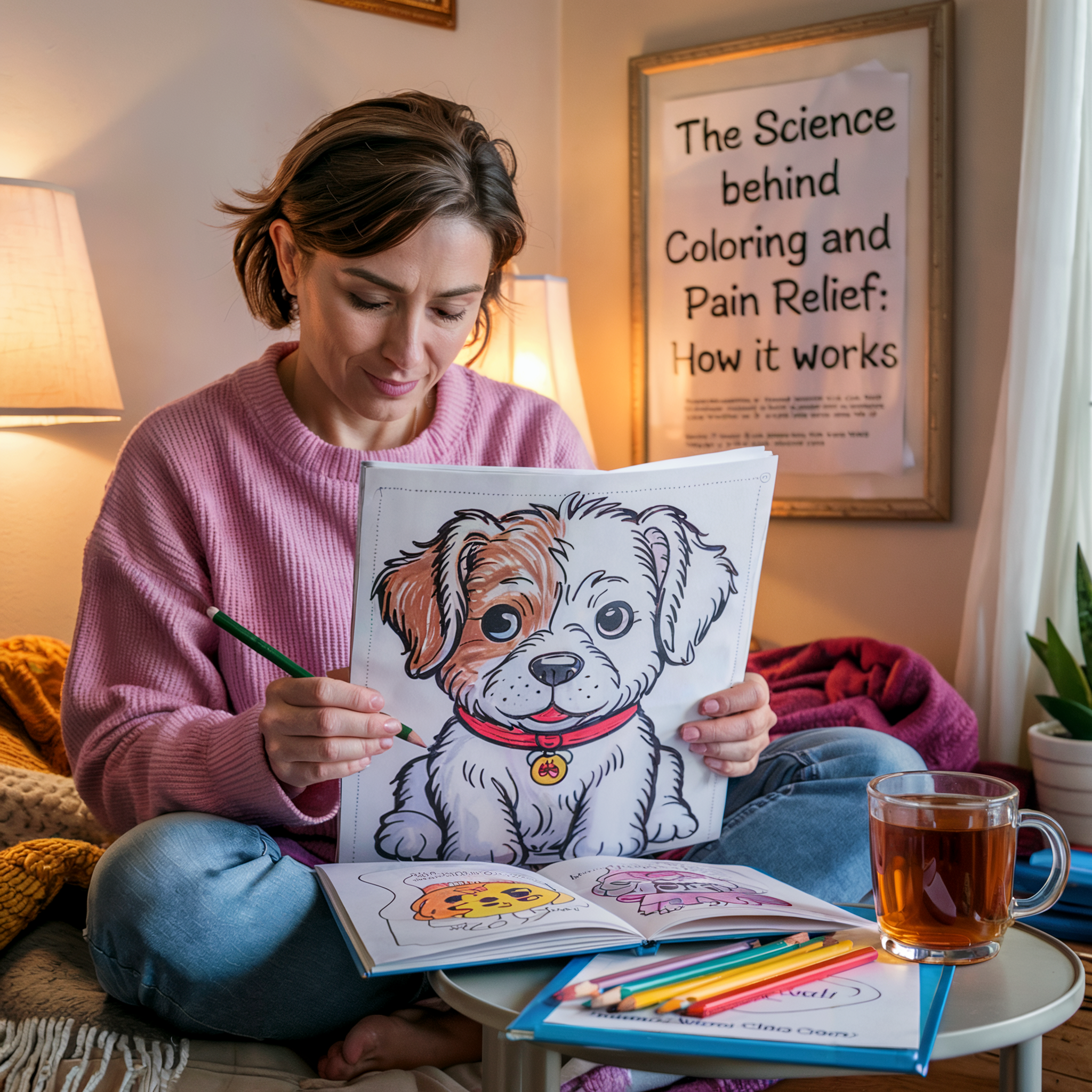 A woman sits cross-legged in a cozy, softly lit room, coloring a cheerful puppy illustration in a coloring book. A framed sign behind her displays the blog title, “The Science Behind Coloring and Pain Relief: How It Works.” Colored pencils and a mug of tea rest on a small table beside her.