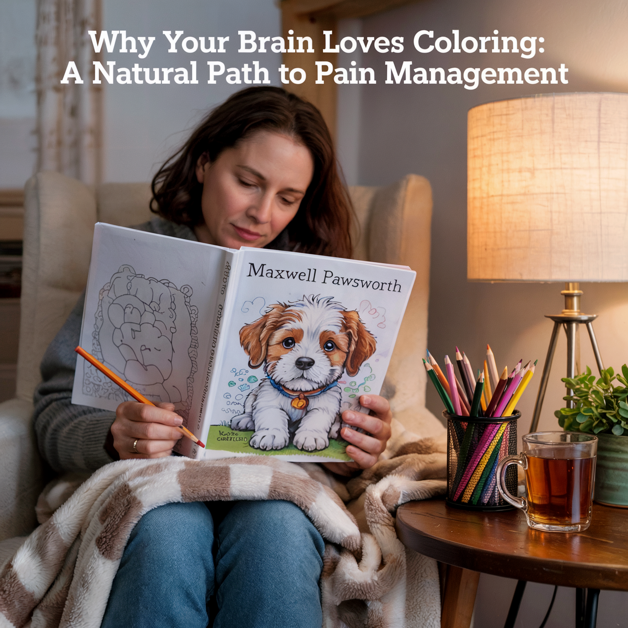 An adult woman sits peacefully in a cozy chair with a blanket, coloring a Maxwell Pawsworth puppy-themed coloring book. Colored pencils and a warm cup of tea rest on a small table nearby. The image includes the blog title: “Why Your Brain Loves Coloring: A Natural Path to Pain Management.”