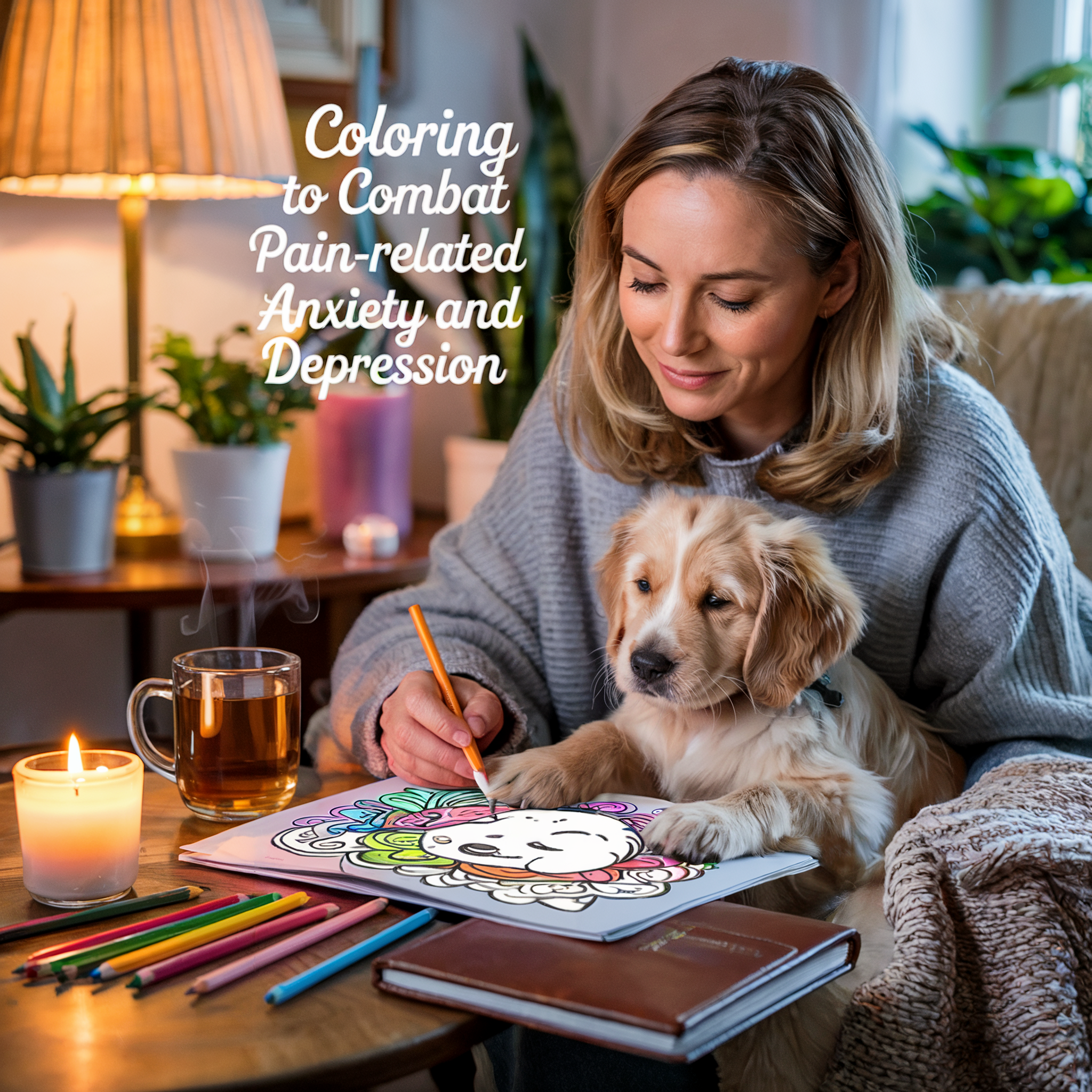 A woman sits comfortably in a cozy, softly lit room while coloring a joyful puppy illustration in a coloring book. A real-life golden puppy rests its paw on the coloring page beside her. A cup of tea, a lit candle, and colored pencils are on the table, creating a warm and therapeutic atmosphere. The image includes the title: "Coloring to Combat Pain-Related Anxiety and Depression."